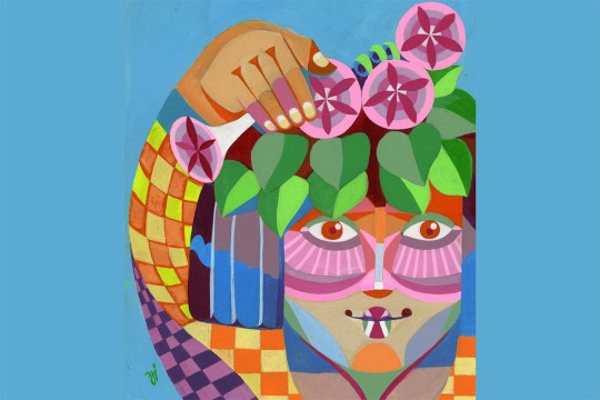 artwork of a person using many colors and patterns.