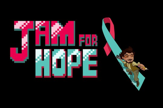 Logo for 'Jam for Hope'. Pink and blue text with ribbon next to it. A small character standing on the ribbon.