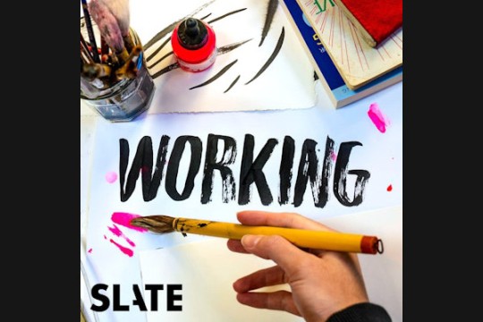 graphic with the word Working and image of a cup of paint brushes and a person's hand holding a brush and painting a line.