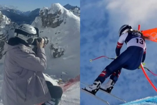 a dual image of a photographer on the left and skiier Lindsay Vonn on the right.