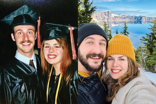 a collage of photos of a couple from graduation to the present