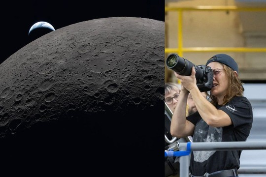 a split screen showing the moon on the left and an astronaut holding a camera on the right