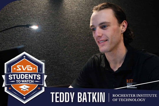 Teddy Batkin, a young man in a dark shirt with an R I T emblem, is shown behind a chyron with his name and the seal for S V G Students to Watch List