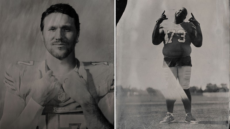 Tintype portraits of Buffalo Bills players Josh Allen and Dion Dawkins.