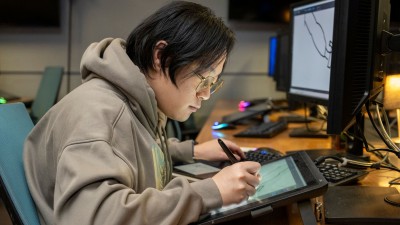 A student draws on a tablet.