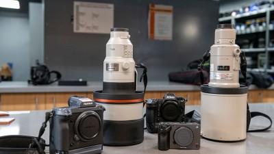 A display of camera equipment ready for checkout at the cage.