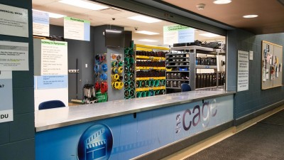 Counter of the Cage with shelves of supplies neatly organized