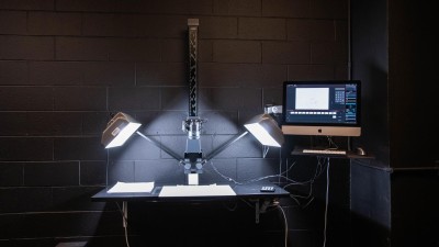 Stop motion set in a black room with 2 bright lights shining on a white canvas