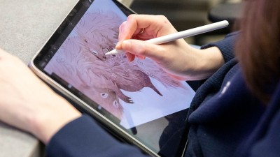 A detailed photo of a student creating a digital illustration of two hedgehogs.