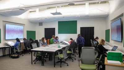 Students work on animation light tables.