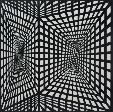 A black and white grid-like optical illusion, composited to create two adjacent hallways/paths that do not intersect at the perceived end.