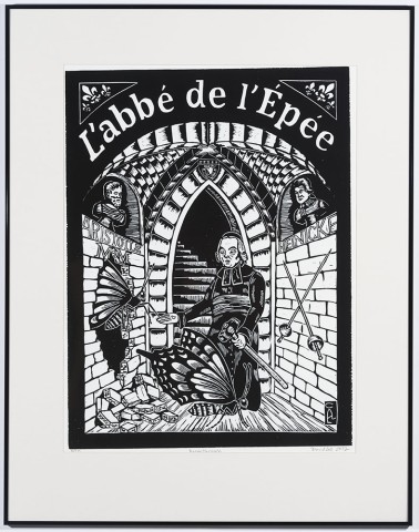 Abbe de L'Epee, also known as the "Father of the Deaf", standing in front of an arched cobblestone stairway. In one hand he carries a sledge hammer, using the other to help two butterflies escape from behind a wall of stone. On the adjacent wall from him, two swords sit mounted on the wall in the form of an "x"