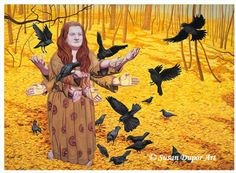 In a forest with golden yellow leaves completely covering the floor, a white woman with auburn hair wearing a brown patterned dress stands on the left side of the piece. The woman is depicted with 8 hands, arms extended with palms facing upwards to the sky. Surrounding the woman is a murder of crows, some perching on her hands and some on the ground beside her.