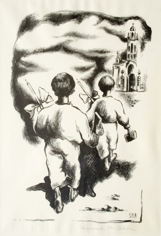 In a dream-like scene, two boys walk barefoot to church holding a congregation candle in their right hand and a book in their left.