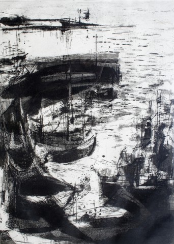 Wispy black lines forming sailboats docked in a harbor