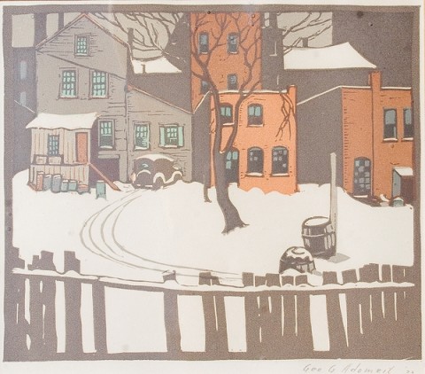 A snowscape set behind a broken wooden fence, with a backyard view of 3 houses; one gray, two orange/brick-colored. There are tire tracks leading to the gray house on the far left from the bottom right corner. And a  tree barren of leaves that sits in the middle of the piece, along with two wooden barrels to the right of the trunk.