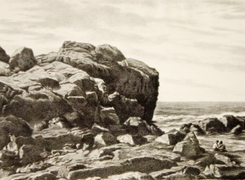 A steep rocky cove situated by the water, a couple sits in the bottom right-hand corner of the piece gazing off into the distance