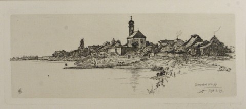 A coastal river town depicted with intentional ink strokes, has a structurally close knit village surrounded by a sparse forest. Off-center towards the right of the piece, there is a church whose reflection can be seen in the riverbend. In the sky, that appears to be untouched, there is a faint shadowing above some of the homes to indicate that they’re using their chimneys.