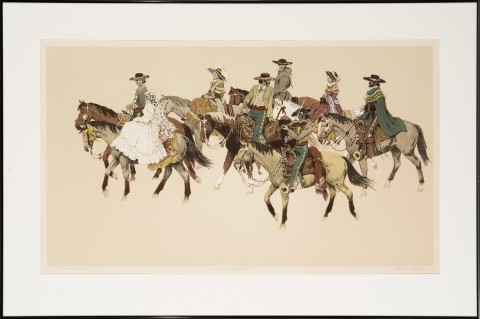 A Mexican wedding procession on horseback, the bride and groom at the front leading the wedding party. Towards the back of the group there is a singular mariachi player with a violin serenading the ride.