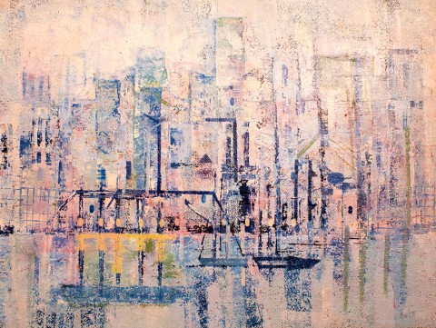 Pastel colors: light blue, pink, white with buildings outlined along a water front with a boat or bridge in the water