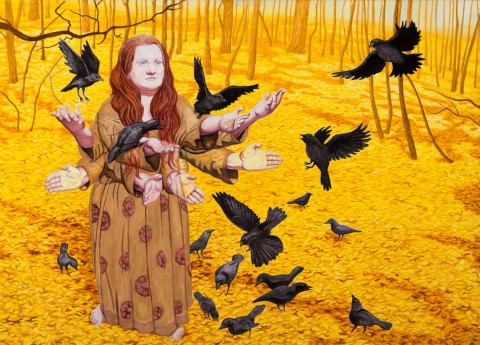 In a forest with golden yellow leaves completely covering the floor, a white woman with auburn hair wearing a brown patterned dress stands on the left side of the piece. The woman is depicted with 8 hands, arms extended with palms facing upwards to the sky. Surrounding the woman is a murder of crows, some perching on her hands and some on the ground beside her.