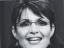 Black and white photograph of Sarah Palin, former governor of Alaska, mid speech.