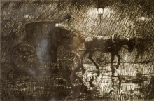 A brougham, a kind of horse-drawn carriage, riding at night in the rain. Both driver and horse have their heads tilted down in a melancholic kind of way, most of the piece is very dark with heavy shading. Off-center towards the right there is a single gas street lamp, just bright enough to illuminate silhouettes of the main figures, as well as a dark figure with an umbrella deep in the background.