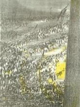 From the point of view of a hill looking out from a forest at an open field, there is an unidentified tree that goes from the bottom of the page to the top of the right-hand side. The remainder of the image depicts 6 large crowd-rows of people made up of gray and black figures in the open field, as well as various neon-yellow splotches throughout the piece.