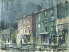 People in colorful coats walking with their umbrellas, down a street in the rain. Four buildings can be seen in the piece; two homes, and two businesses.