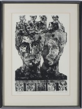 A black and white etching of greco roman reminiscent busts depicting a man and a woman, one slightly in front of the other. At the top of the page there are four figures coming from the top of the man and woman’s heads, the figures are making various poses in succession. At the bottom of the page, there are close up views of faces drawn in a similar style, with stoic expressions.