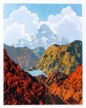 Alternating multi-colored mountainscape along a river, in front of a bright blue sky with two clouds symmetrically placed on either side of the farthest mountain.