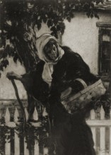An old woman wearing a scarf and holding a basket, walking with a cane past a home with a short picket fence.