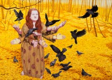 In a forest with golden yellow leaves completely covering the floor, a white woman with auburn hair wearing a brown patterned dress stands on the left side of the piece. The woman is depicted with 8 hands, arms extended with palms facing upwards to the sky. Surrounding the woman is a murder of crows, some perching on her hands and some on the ground beside her.