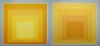 A large scale mural featuring four gradient yellow squares set within each other. The piece on the left; going from dark shade yellow on the outermost square to a lighter shade on the innermost square. The piece on the right; going from a light shade of yellow on the outermost square to a darker shade on the innermost square.