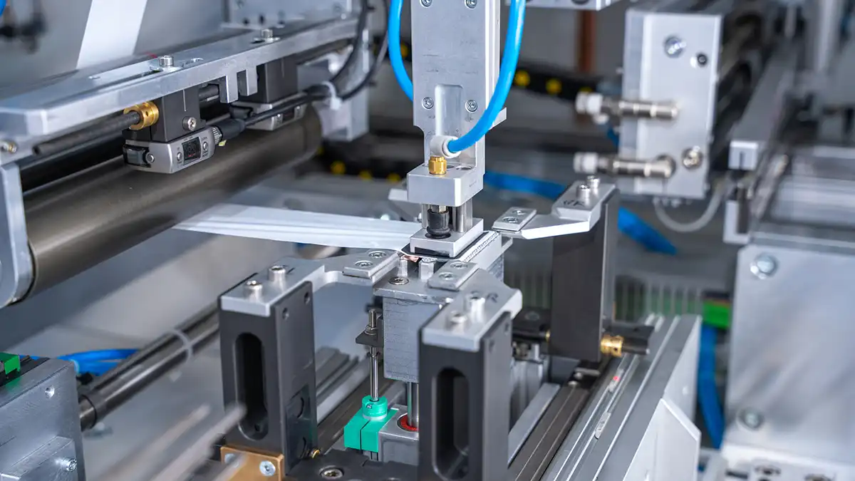 Close-up of automated machinery assembling battery components in a manufacturing line.