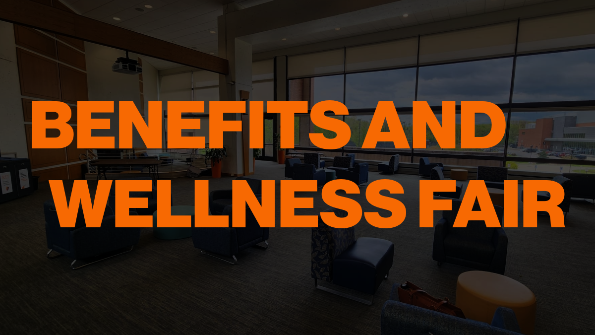 Text saying Benefits and Wellness Fair with an image of RIT's fireside lounge in the background.