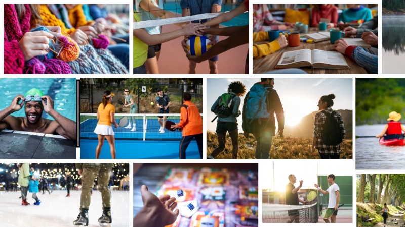 A collage of images including people swimming, hiking, running, rowing, playing soccer, pickleball, tennis, and volleyball