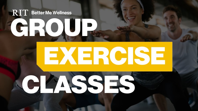 Text saying "Group exercise classes" with people exercising in the background