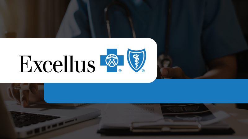 The excellus BCBS logo with a physician sitting at a desk in the background