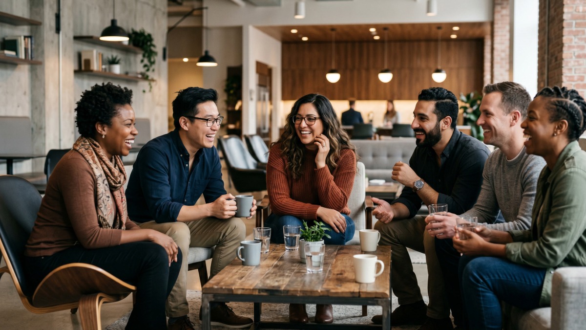 A group of people in a workplace breakroom, drinking coffee and enjoying conversation.