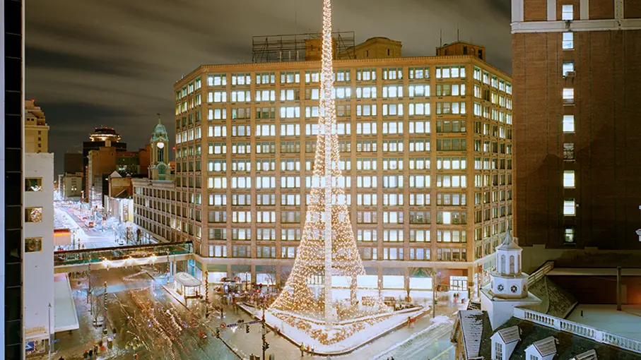 Liberty Pole - Rochester, N.Y. lit up at night