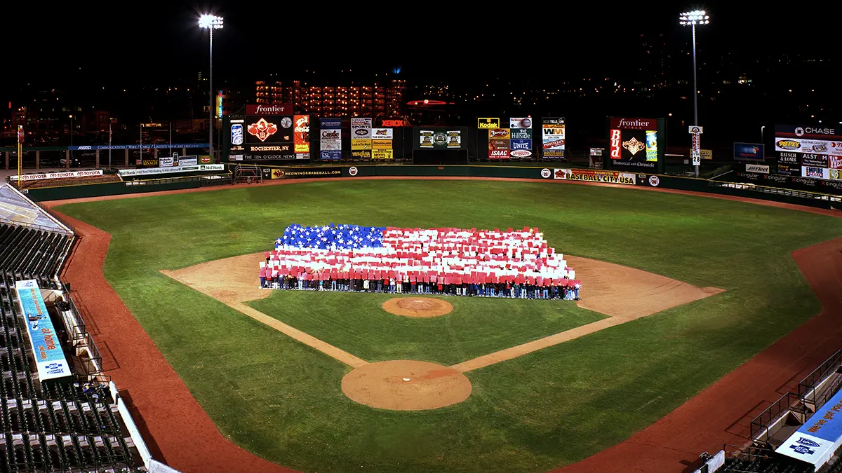 Rochester Human Flag at Frontier Field - Rochester, N.Y. lit up at night