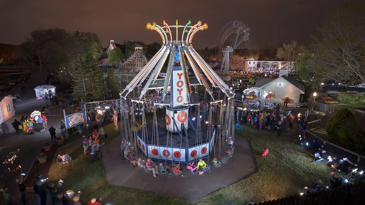 Seabreeze Amusement Park lit up at night
