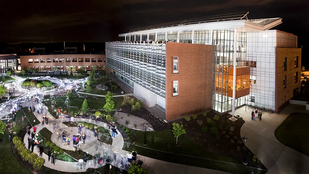 RIT’s Golisano Institute for Sustainability and Louise Slaughter Quad - Rochester, N.Y. lit up at night