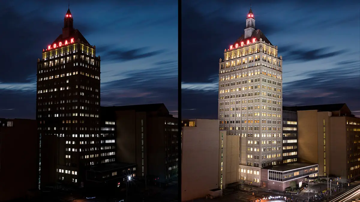 Kodak Tower, Rochester New York shown when dark and then when lit up