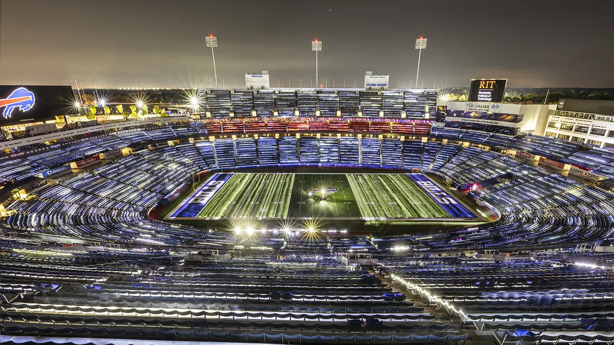a wide shot of the Buffalo Bills stadium at night