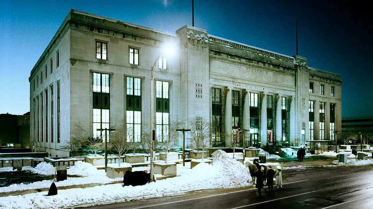Rundel Memorial Library - Rochester, N.Y. lit up at night