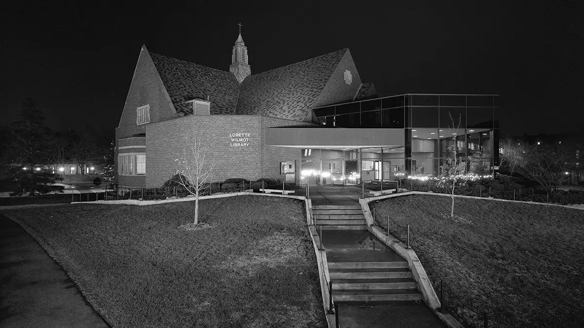 Lorette Wilmot Library - Nazareth College lit up at night