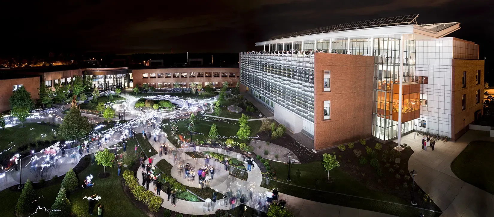 RIT’s Golisano Institute for Sustainability and Louise Slaughter Quad - Rochester, N.Y. lit up at night
