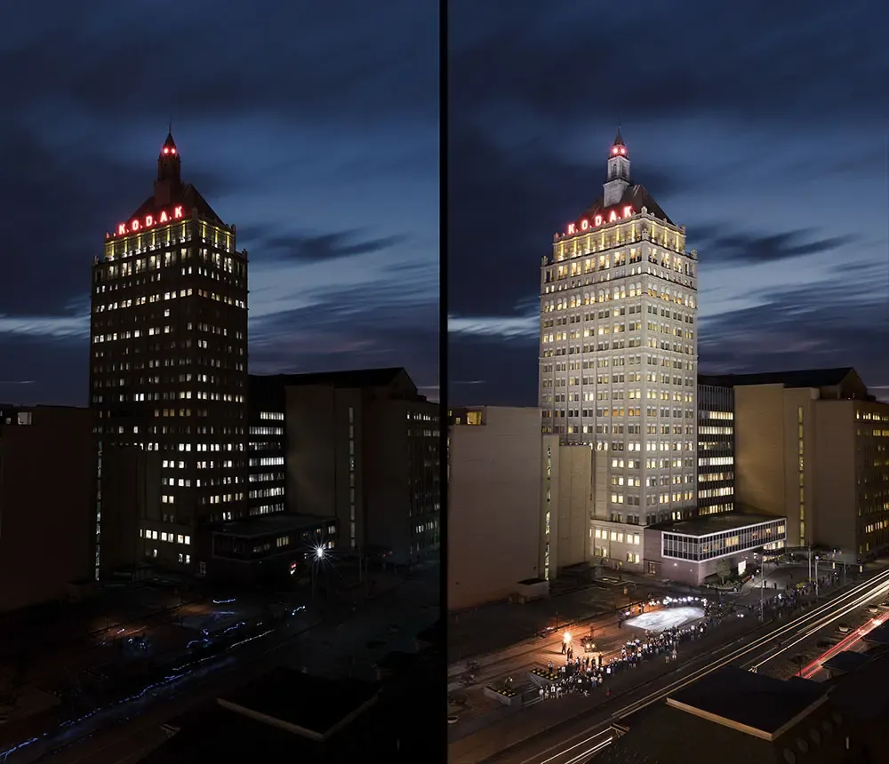 Kodak Tower, Rochester New York shown when dark and then when lit up